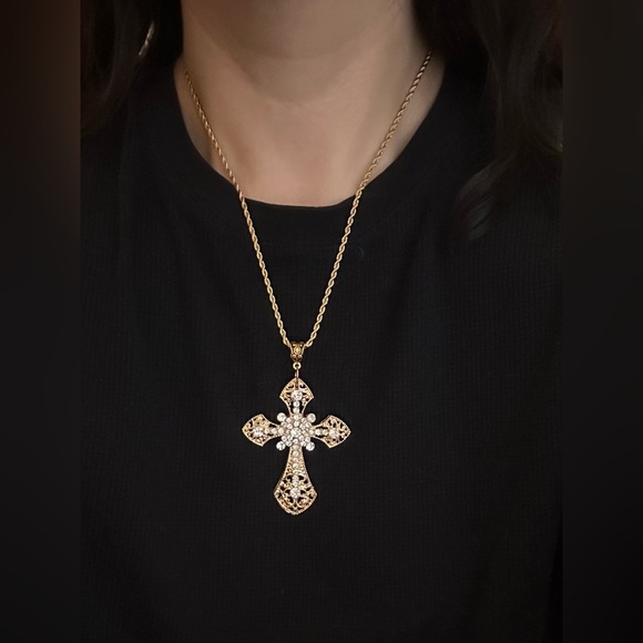 Statement Cross Pendant Necklace Gold Tone Large Goth Victorian Crystals - Picture 1 of 4